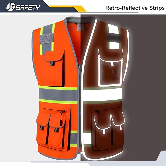 JKSafety 10 Pockets Class 2 Hi-Vis Zipper Front Safety Vest | Cushioned Collar | High Reflective Tapes with Extended Neon Yellow Strips | Meets ANSI/ISEA Standards (5X-Large, 89-Orange)