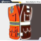 JKSafety 10 Pockets Class 2 Hi-Vis Zipper Front Safety Vest | Cushioned Collar | High Reflective Tapes with Extended Neon Yellow Strips | Meets ANSI/ISEA Standards (Large, 89-Orange)