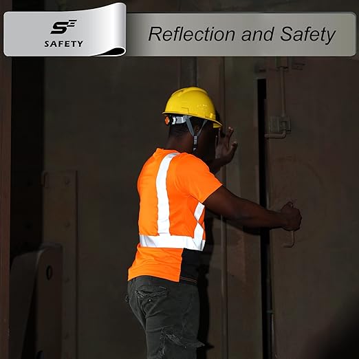 sesafety Hi Visibility Shirts for Men, Safety Shirts with Reflective Strips Class 2, Hi Vis Construction Work Shirt with Pocket Orange XL
