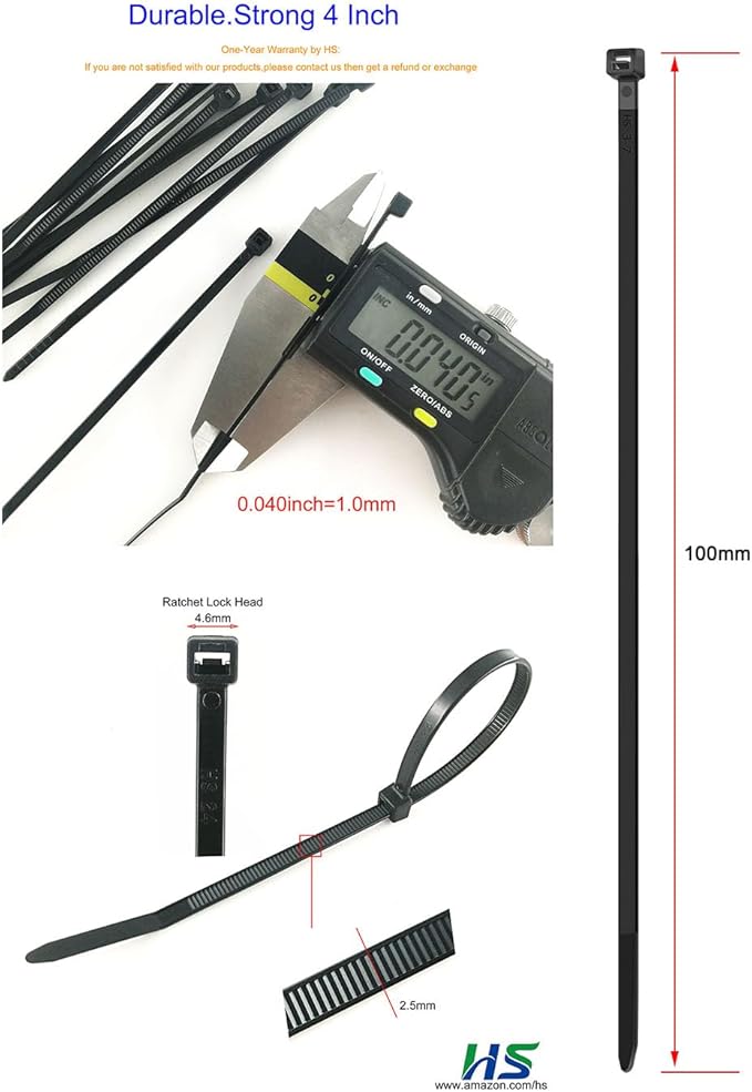 HS Durable Plastic Zip Ties 4 Inch 200 Pack Small Tie Wraps Thin 18 Lbs Self-Locking Nylon Cable Ties for Electronics Organizer, Tiny Wire Tie Black