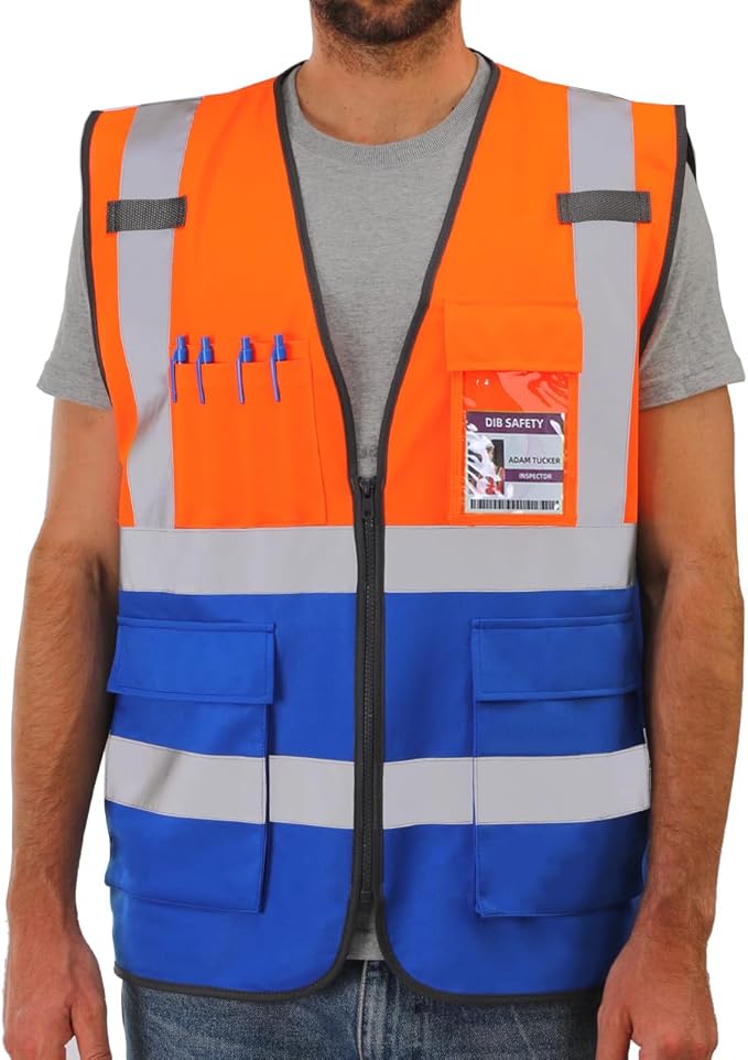Dib Safety Reflective Vest High Visibility with Pockets and Zipper, Orange and Blue L