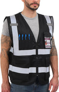 Dib Safety Reflective Vest High Visibility with Pockets and Zipper, Black M