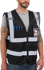 Dib Safety Reflective Vest High Visibility with Pockets and Zipper, Black L