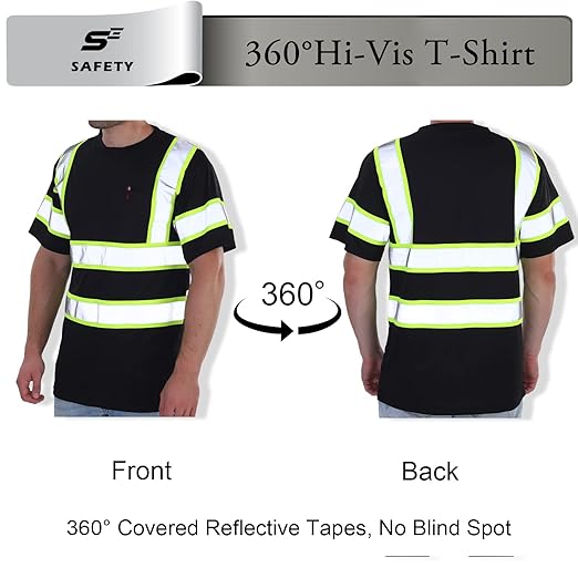 sesafety High Visibility Shirts for Mens Class 3 Hi Vis Reflective Construction Shirts for Men with Pocket Safety T Shirts for Men Work Shirt for Mens Short Sleeve Black Yellow Strips 5XL