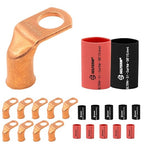 SELTERM 10pcs - 2 AWG 3/8" Stud - 90° Bent Battery Lugs - Ring Terminal Connectors with 12pcs 3:1 Black & Red 5/8" Heat Shrink Tubing - Heavy Duty Battery Cable Ends - Bare Copper Wire Connectors Kit