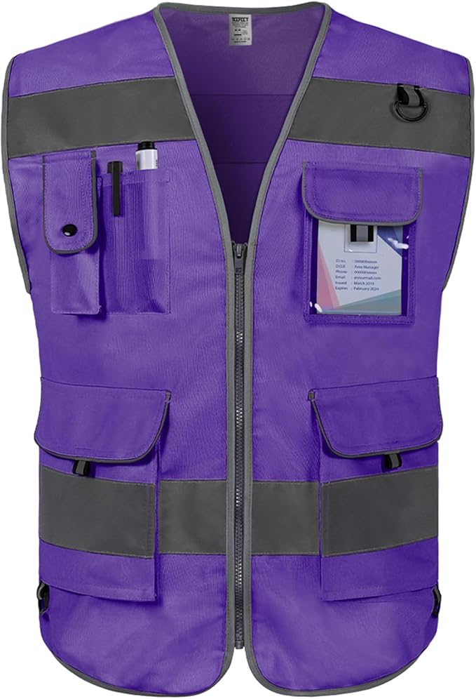 TCCFCCT Reflective Safety Vest 9 Pockets High Visibility Vest for Men Women, Hi Vis Construction Work Vest with Reinforced Sewing, Durable to Use, Meets ANSI/ISEA Standards, (Purple, 5X-Large)