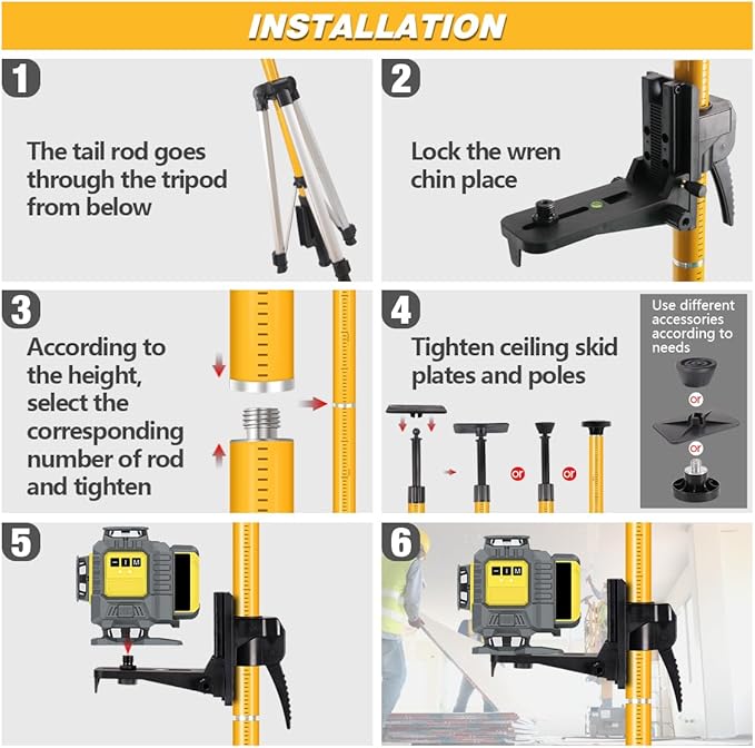 MOETER Telescoping Laser Level Pole Kit - 12Ft./3.6M Adjustable Pole with Tripod, Spring-Loaded Base & Mount for Rotary/Line Lasers (1/4"-20 & 5/8"-11 Adapters)