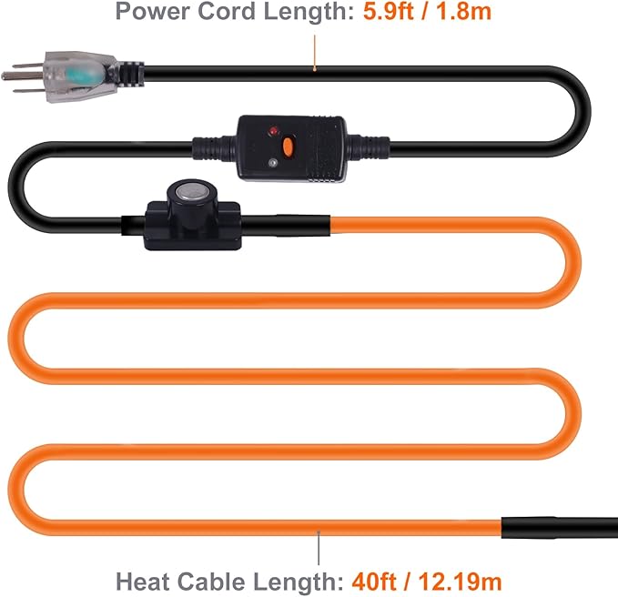 40FT Heat Tape for Water Pipes Freeze Protection IP65 Waterproof 7W/FT 110V BDDFOTO Heat Cable With GFCI Protection and Thermostat,Self-Regulating Pipe Heater for Roof/RV/Water Storage Tank