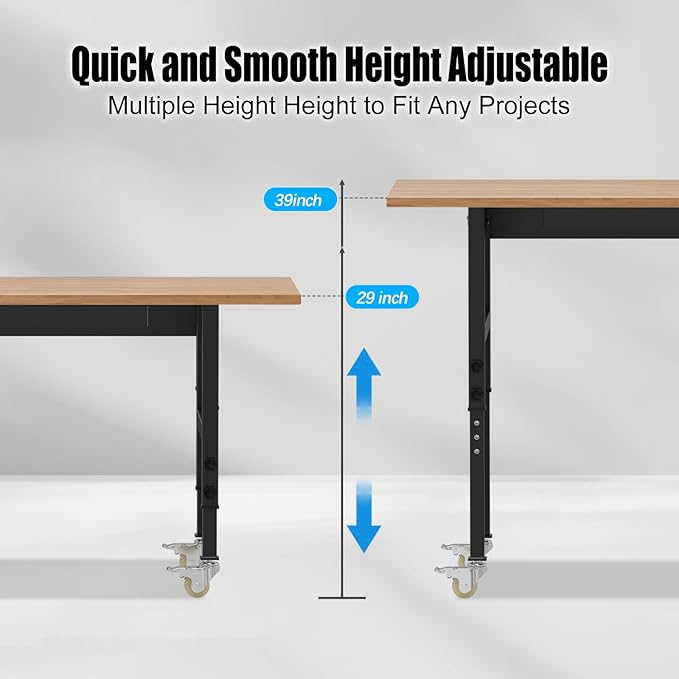 60” Heavy-Duty Solid Wood Work Bench Work Table with Wheels, Adjustable Height Portable Workbench with Power Outlets, 3000 Lbs Capacity Workstation for Garage, Workshop