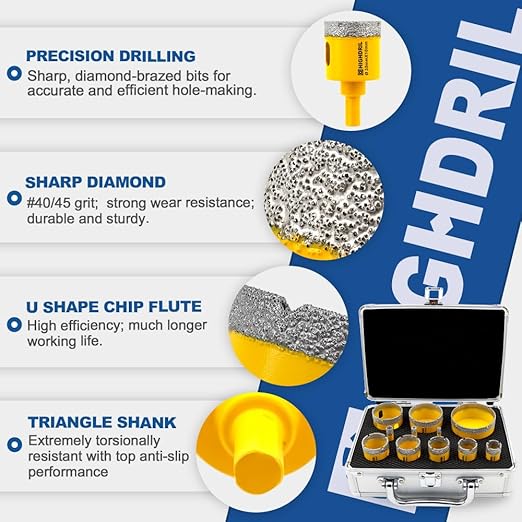 HIGHDRIL 11Pcs Diamond Hole Saw Kit - 1/4", 5/16", 3/8", 4/5", 1", 1-1/8", 1-1/4", 1-3/8", 1-3/4", 2", 2-1/2" Drill Bits for Tile Porcelain Ceramic Granite Marble