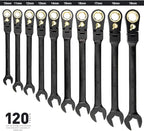 TRUE MECHANIC™ 20-Piece, 120T, Reversible, Flexible Ratcheting Wrench Set, Non-Slip, Long Pattern, SAE/Metric, Professional, With Portable Roll-Up Pouch Bag