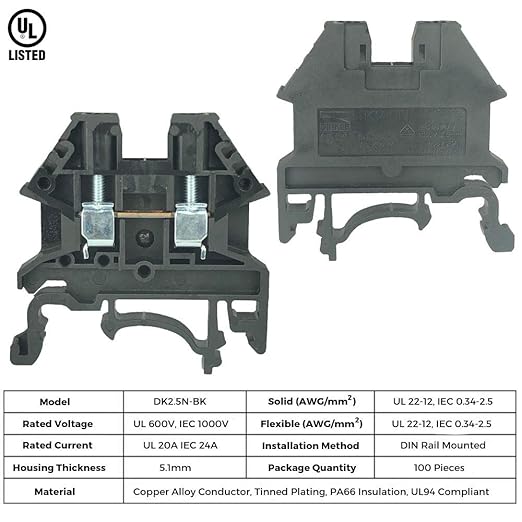 Dinkle UL Listed DIN Rail Terminal Block Kit #1 Red/Black Dinkle 20 DK2.5N 12 AWG Gauge 20A 600V Ground DK2.5N-PE Jumper DSS2.5N-10P End Covers End Brackets