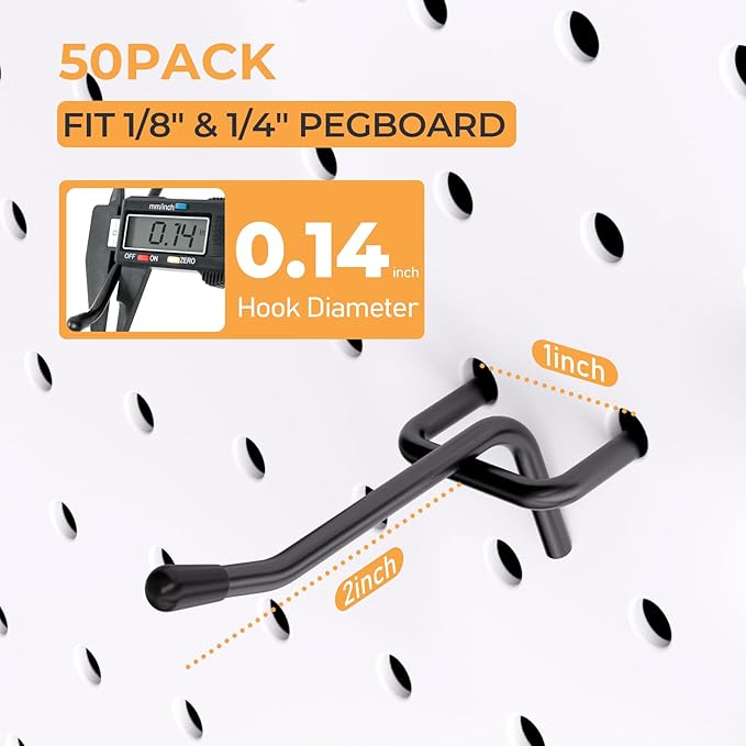INCLY 50 Pack Black Pegboard Hooks, 2 Inch Metal Peg Board Hooks Accessories, Peg Board Tool Hangers Fit for 1/8“ and 1/4" Pegboard Hanging Tools for Garage, Craft Room, Kitchen, Store