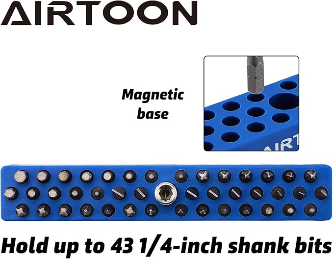 AIRTOON 1/4" Magnetic Hex Bit Holder, 43 Holes Bit Storage with Strong Magnetic Base, Magnetic Screwdriver Bit Organizer, Blue