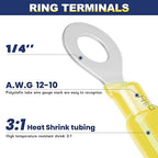 haisstronica 100PCS Heat Shrink Ring Terminals 1/4" Marine Grade Wire Connectors Yellow AWG 12-10 Gauge, Tinned Red Copper 1mm Resistant Ring Connectors, Brazed-Seam Insulated Electrical Crimp