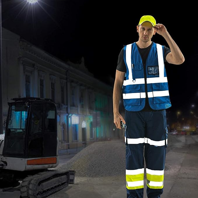 Big and Tall Blue Safety Vest 6xl 7xl 8xl Reflective Work Vest blue 7 Pockets,6XL-8XL