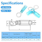 160 PCS 5/16'' Heat Shrink Ring Terminals (16-14 AWG), Insulated Ring Terminals, Nylon Eyelet Wire Connectors, Crimp Electrical Connectors, Marine Grade Ring Terminals for Auto, Audio (Blue)