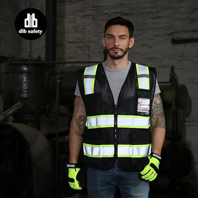 Dib Safety Reflective Mesh Vest High Visibility Two Tone with Pockets and Zipper, Black Mesh with Yellow Trim M
