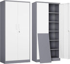Yizosh Metal Garage Storage Cabinet with 2 Doors and 5 Adjustable Shelves - 71" Steel Lockable File Cabinet,Locking Tool Cabinets for Office,Home,Garage,Gym,School (Gray White)