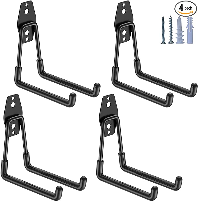 Heavy Duty Garage Hooks 4 Pack, 5.1 inch Medium U Shaped Hanger, Wall Mounted Storage System, Power and Garden Tool Organizer, for Hanging Ladders, Hose, Bulk Items and More