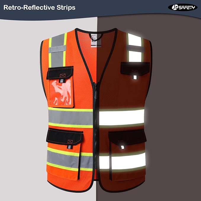 JKSafety Hi Vis Reflective Safety Vests for Men Women High Visibility Vest with Pockets Mesh Fabric Construction Safety Apparel Neon Vest for Work (220-Orange 3XL)