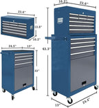 13 Drawer Rolling Tool Chest with Wheels, 2 in 1 Detachable Tool Chest with Drawers, Large Tool Box with Lock, Metal Tool Cabinet for Garage Workshop(Blue-Gray)