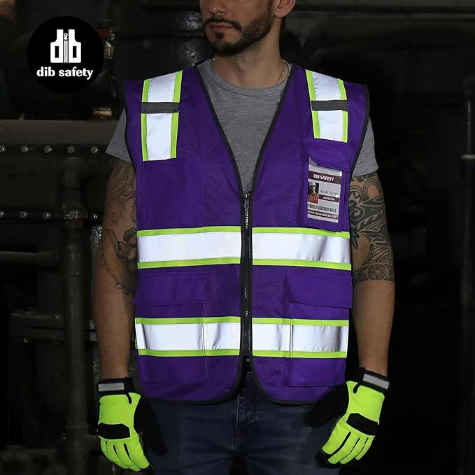 Dib Safety Reflective Mesh Vest High Visibility Two Tone with Pockets and Zipper, Purple Mesh with Yellow Trim M