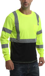 High Visibility Class 3 T Shirts，Hi Vis Safety Shirts with Reflective Strips and Pocket, Long Sleeve Quick Dry Mesh Construction Work Shirt for Men/Women Black Bottom Lime，6XL