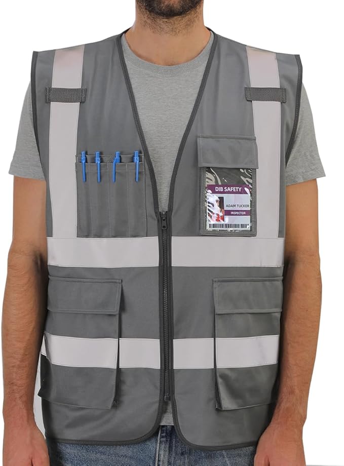 Dib Safety Reflective Vest High Visibility with Pockets and Zipper, Gray S