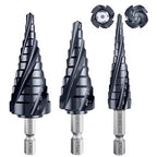 𝗠𝗔𝗖𝗫𝗖𝗢𝗜𝗣 𝗙𝗼𝘂𝗿 𝗦𝗽𝗿𝗶𝗮𝗹 𝗙𝗹𝘂𝘁𝗲 M35 Cobalt Step Drill Bit, 1/8"-7/8" (3PCS) Ultra 𝗧𝗶𝗔𝗜𝗡 Coated, 1/4" Hex Shank Drill Bit for Metal, Stainless Steel, Aluminum, Copper, Wood, PVC