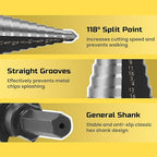Lichamp Unibit Step Drill Bit for Metal, Genuine M2 Drill Stepper Bit for Hard Metal Heavy Duty, 12 Sizes from 3/16" to 7/8", Dual Straight Grooved with Hex Drive, A3BK
