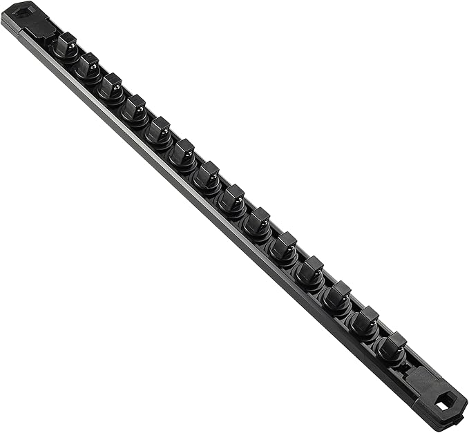 Magnetic Socket Organizer, 1-Piece Heavty Duty Aluminum Socket Holder, Socket Rail for Tool Box, Premium Quality 360° Swivel Socket Rack with 14 Clips for 3/8-Inch(Black)