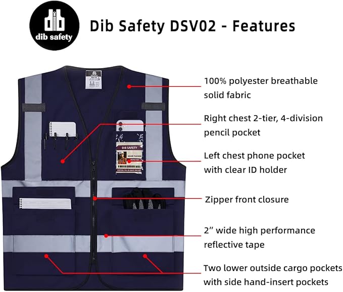 Dib Safety Reflective Vest High Visibility with Pockets and Zipper, Navy 2XL