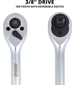 NEIKO 3/8 Inch Ratchet Wrench, 100-Tooth Reversible, 3.6 Degree Swing, Quick Release, 8" Long Handle, Silver Chrome Vanadium Steel