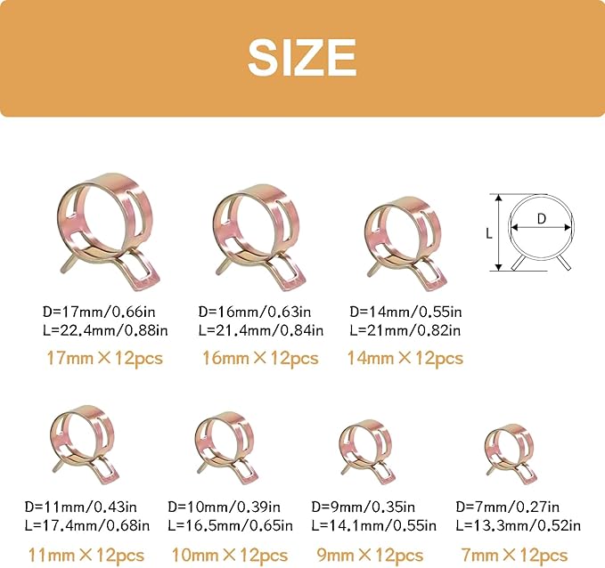 84PCS 7-17mm Fuel Line Hose Clamps Spring Clamp Silicone Vacuum Wire Air Pipe & Bushing Automotive Replacement Fastener Selection Kit DD006-c