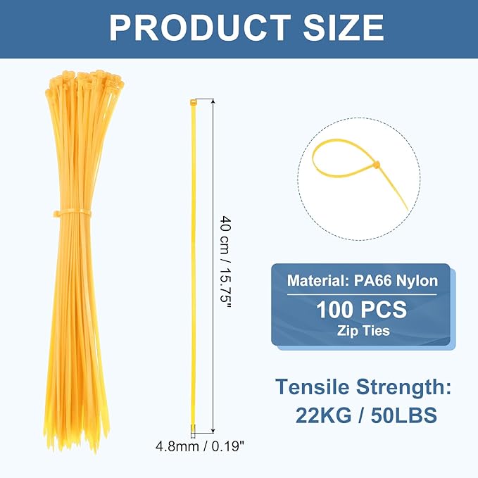 PATIKIL Cable Zip Ties 16 Inch, 100 Pcs Self-Locking Nylon Wire Tie Wraps Heavy Duty Cord Management with 50 lbs Tensile Strength for Indoor and Outdoor, Yellow (0.2" W)