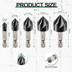Countersink Drill Bit Set - M35 HSS TIALN Coated Countersink Drill Bit for Stainless Steel Iron Aluminum Copper, 5pcs 1/4"-3/4" Countersink Chamfer Bit Quick Change Shank Fixed On Drills