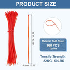 PATIKIL Cable Zip Ties 14 Inch, 100 Pcs Self-Locking Nylon Wire Tie Wraps Heavy Duty Cord Management with 50 lbs Tensile Strength for Indoor and Outdoor, Red (0.2" W)