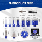 SHDIATOOL Diamond Tile Drill Bits Kit 12pcs, Porcelain Hole Saw Sets, Core Bits Cutter for Drilling Ceramic Marble Granite (6/6/8/20/25/35/50/20MM/2/SDS/HEX/4.5“)