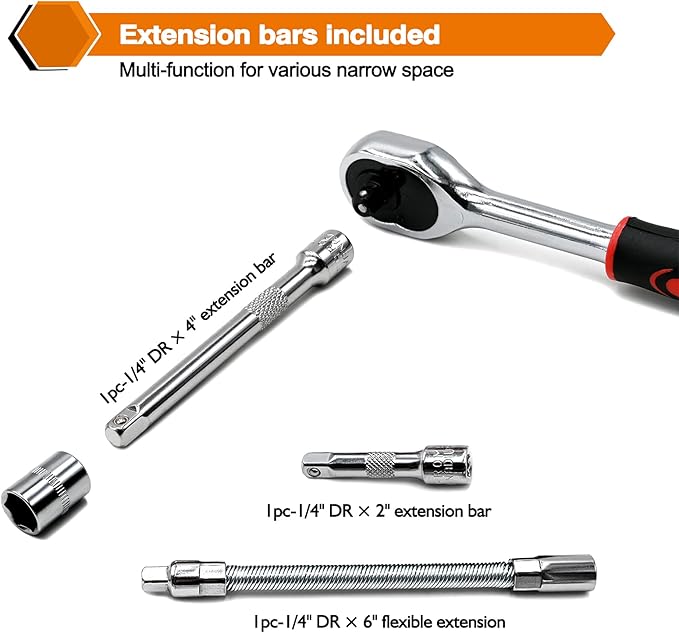 Egofine 46 Pieces 1/4 inch Drive Socket Ratchet Wrench Set, with Bit Socket Set Metric and Extension Bar for Auto Repairing and Household, with Storage Case