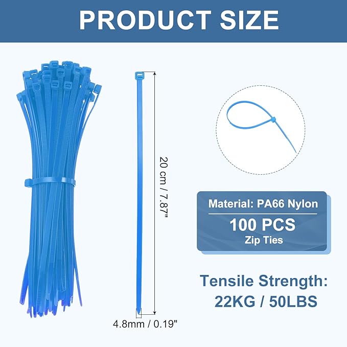 PATIKIL Cable Zip Ties 8 Inch, 100 Pcs Self-Locking Nylon Wire Tie Wraps Heavy Duty Cord Management with 50 lbs Tensile Strength for Indoor and Outdoor, Blue (0.2" W)