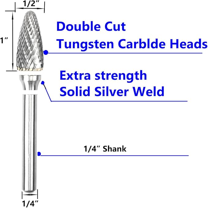 Carbide Burr Set 1/4" Shank SF-5 Die Grinder Bits Tungsten Double Cut Burr Bits (1/2" Cutter Dia X 1" Cutter Length) for Die Grinder Kits Metal Grinding Drilling Polishing (5pcs)