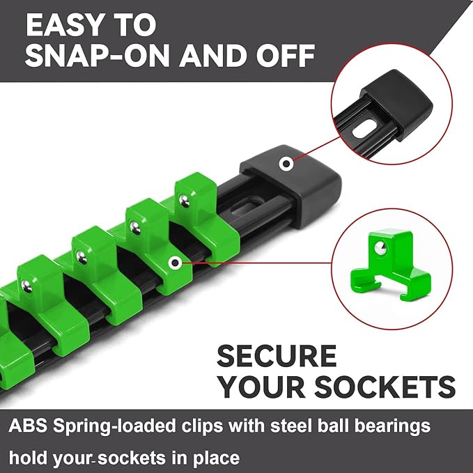 ALOANES 18 PC ABS Socket Organizer, 1/2 inch, 3/8 inch and 1/4 inch Drive Socket Rail Holders, Heavy Duty Socket Racks, Black Rails with Green Clips
