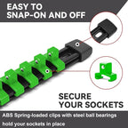 ALOANES 6PC ABS Socket Organizer, 3/8in, Heavy Duty Socket Racks, Black Rails with Green Clips