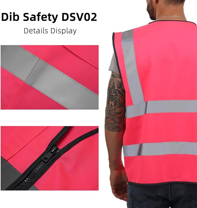 Dib Safety Reflective Vest High Visibility with Pockets and Zipper, Pink 2XL
