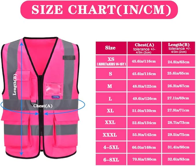 A-SAFETY 7 Pockets Hi Viz Zipper Front Working Safety Vest with Reflective Strips, Multiple Colors Available, Pink 4XL-5XL