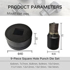 9-Piece Square Hole Punch Die Set for Hydraulic Punch Tool - Compatible with CH-70 Machine, Metal Punching Dies for Steel Sheet, Copper Plate, Aluminum Plate (9-Piece Square Hole Punch Die Set)