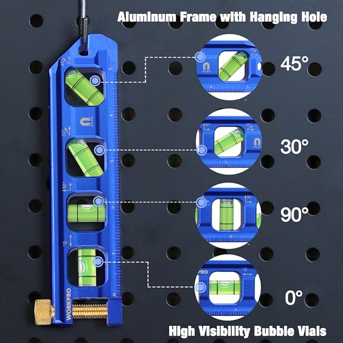 WORKPRO Magnetic Torpedo Level, Conduit Bending Level, Bubble Vials for 0°/90°/30°/45° Measurements, Aluminum Alloy Construction, 6.3-inch, Cobalt Blue