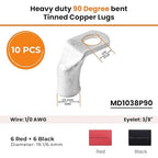SELTERM 10pcs - 1/0 AWG 3/8" Stud 90° Bent Battery Lugs - Ring Terminal Connectors with 12pcs 3:1 Black & Red 3/4" Heat Shrink Tubing - Heavy Duty Battery Cable Ends - Tinned Copper Wire Connector Kit