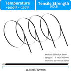 XINGO 11.8 inch Black Metal Zip Ties (200 Pack), 304 Stainless Steel Heavy Duty Zip Ties, 300lbs Tensile Strength, Multi-Purpose Self-locking Cable Ties for Exhaust Wrap, Outdoor and Canopy Etc